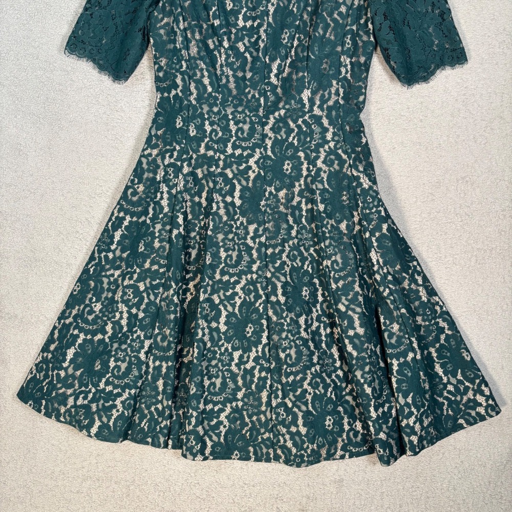 Eliza J Lace Fit N Flare Dress Size 6 Evergreen Lined Midi Illusion Lace Overlay - Picture 5 of 12